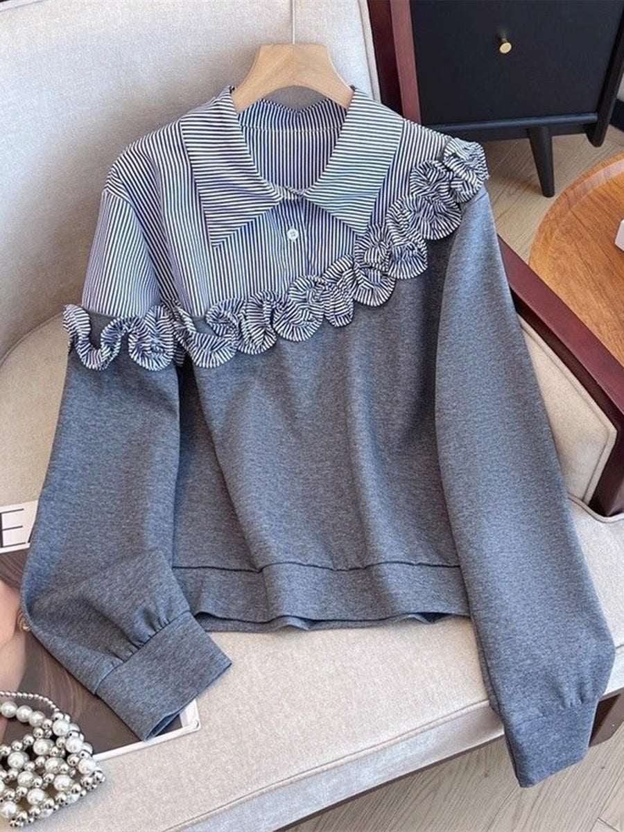 Casual Cotton Sweatshirt With Striped Ruffle Panels