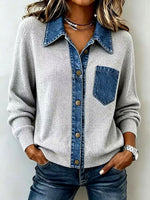 Casual Denim Pocket Knit Tops