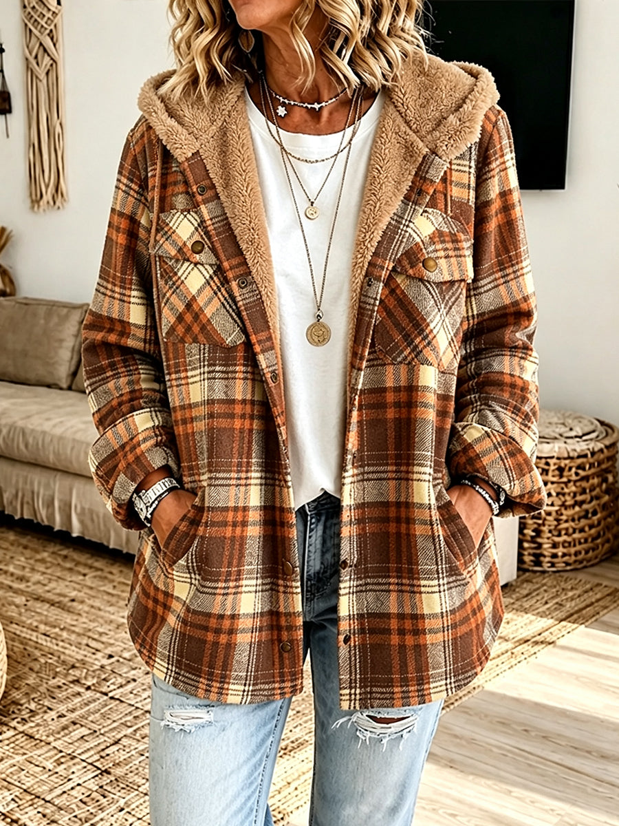 Casual Plaid Fleece Hooded Shacket