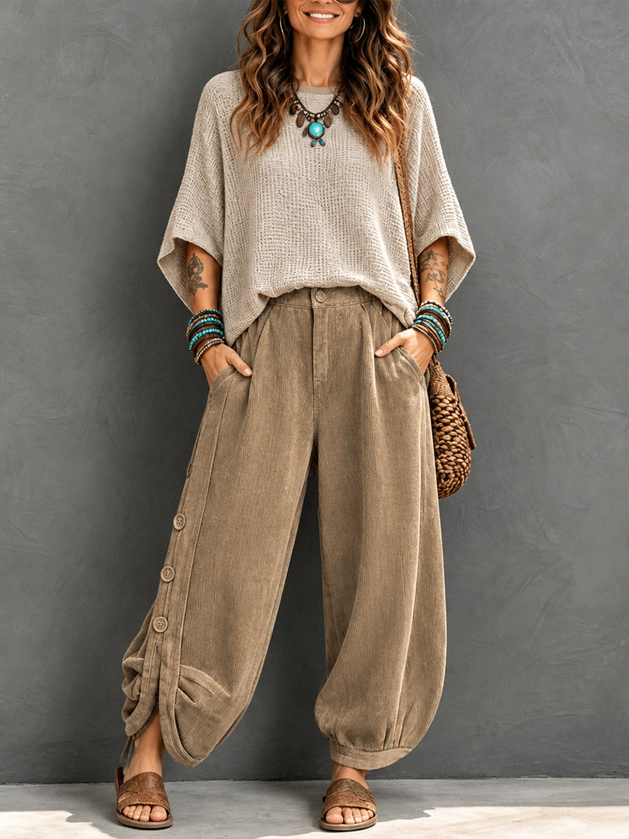 Casual Corduroy Harem Pants With Button Detail