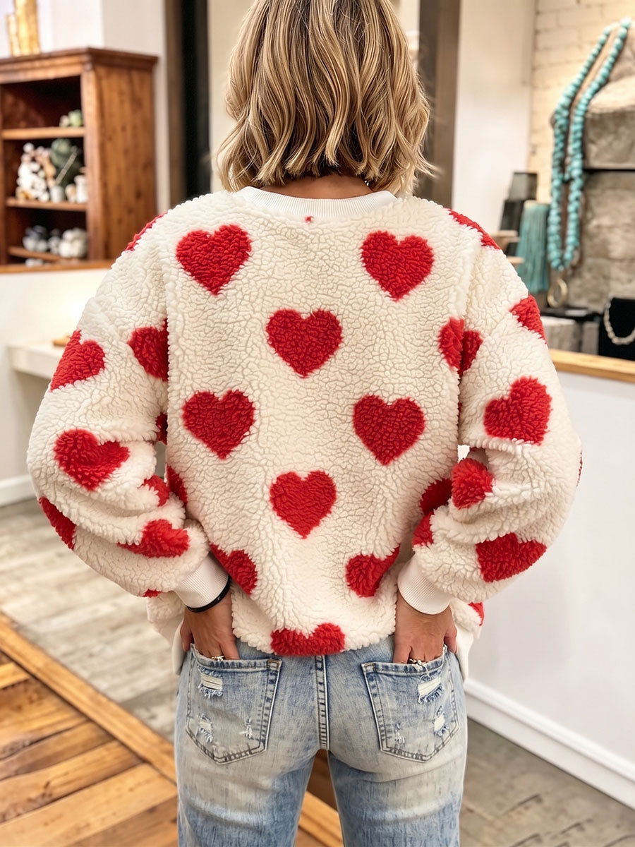 Cozy Stylish Plush Heart-print Oversized Sweatshirt