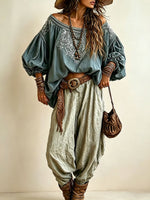 Boho Chic Balloon Sleeve Shirt Harem Pants Set