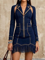 Lapel Cut‑out Fringe Denim Mini Dress