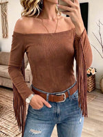 Women's Solid-color Off-shoulder Long-sleeve Fitted Stretchy Top With Tassels