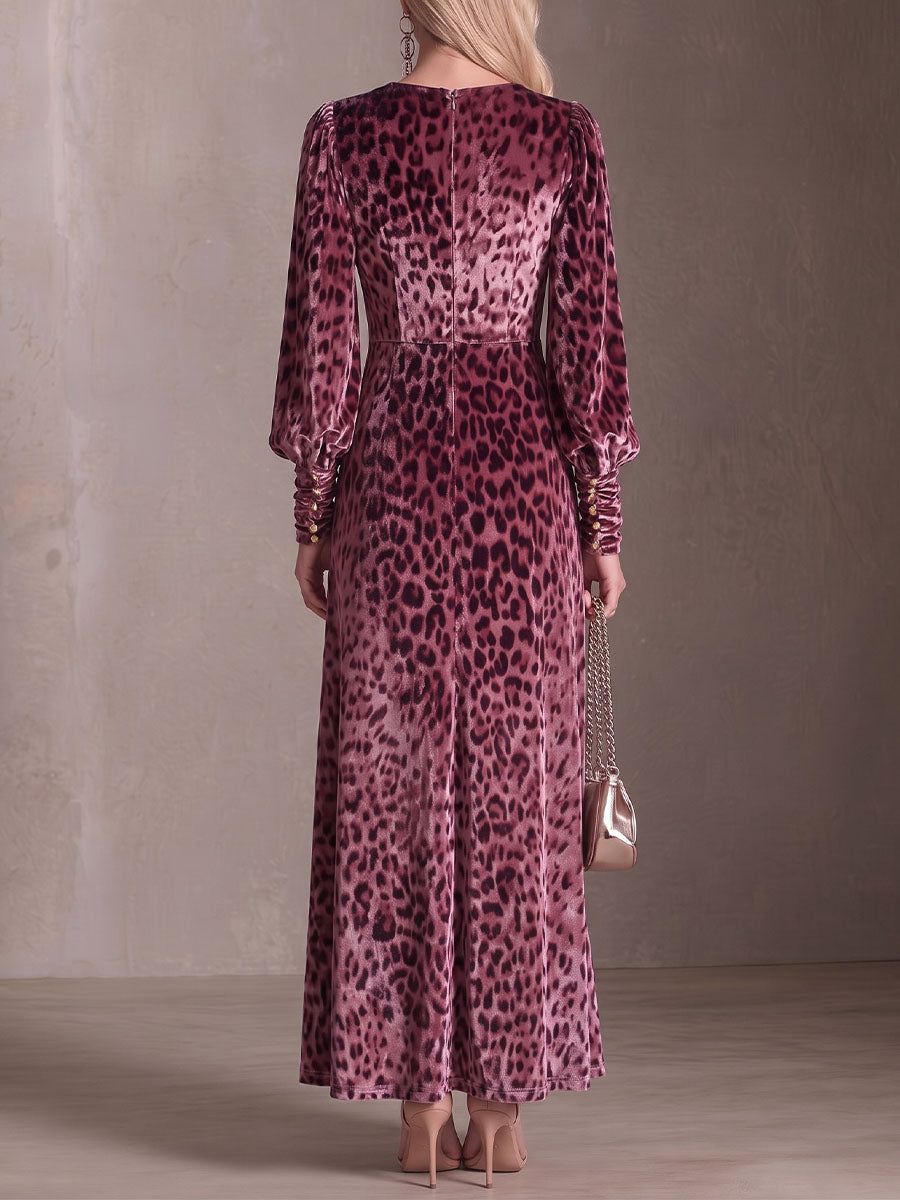 Women's Leopard Print V-neck Long Sleeve Casual Loose Velvet Dress