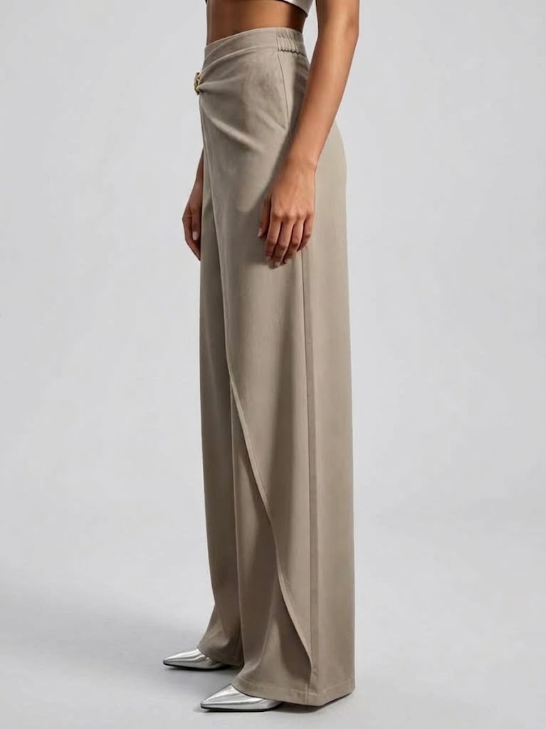 High Waist Twisted Metal Buckle Asymmetric Draped Wide Leg Pants