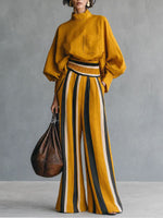 Stylish Casual Two-piece Set Featuring A Linen-cotton Blend Top And Striped Wide-leg Trousers.