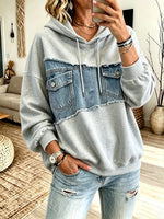 Loose-fit Casual Paneled Denim-style Hooded Sweatshirt