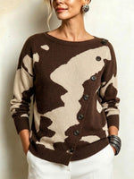 Color-block Abstract Jacquard Knit Cardigan With Diagonal Button Fastening