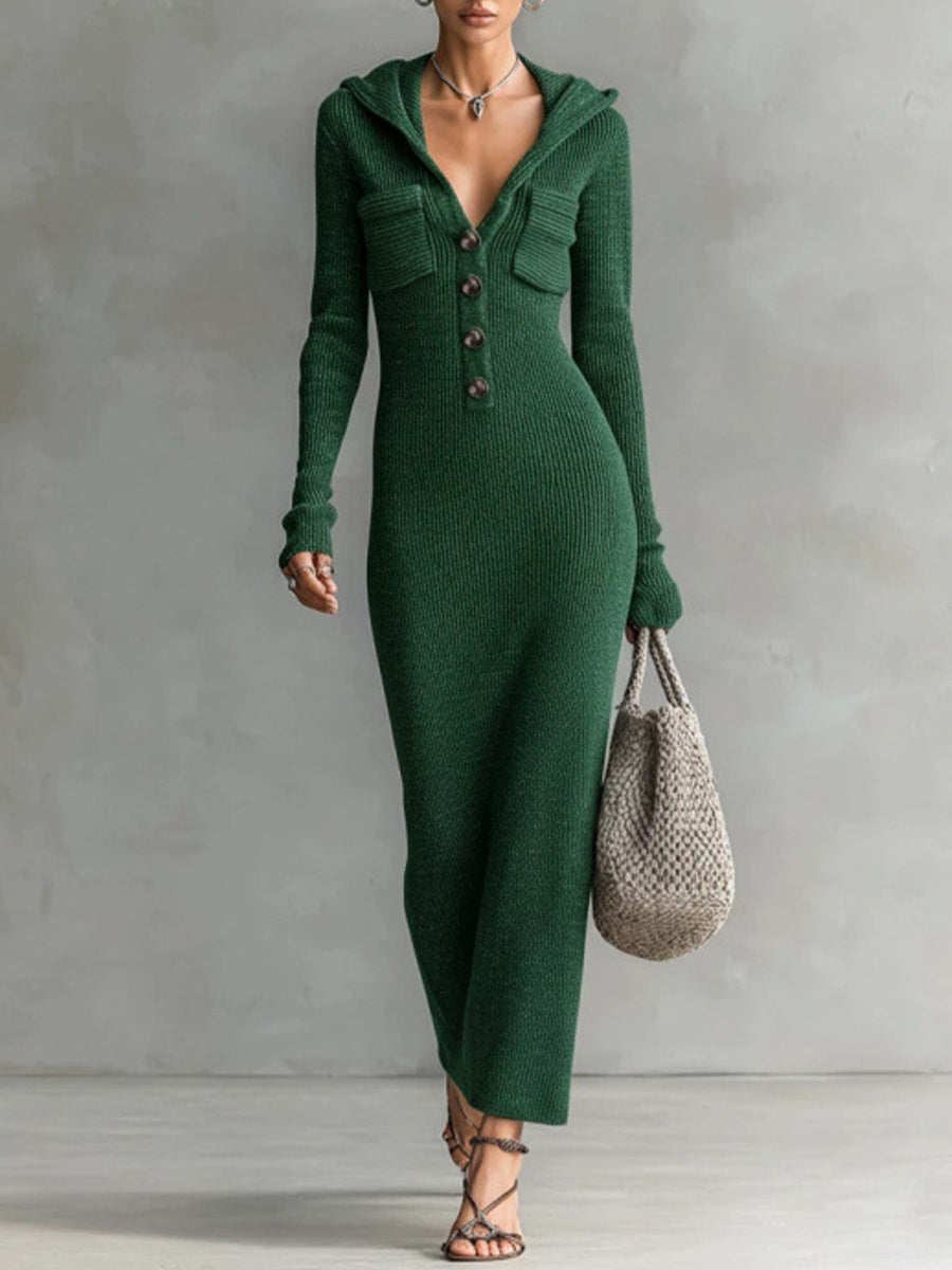 Cozy, Casual Ribbed Cotton-blend Knit Maxi Dress With A Hood And Henley Neckline.