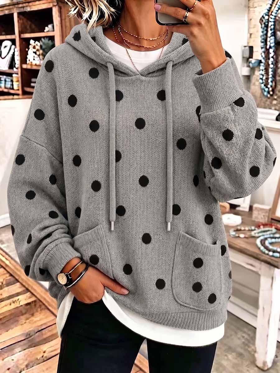 Women's Long-sleeve Casual Loose Polka-dot Print Hooded Top With Collar