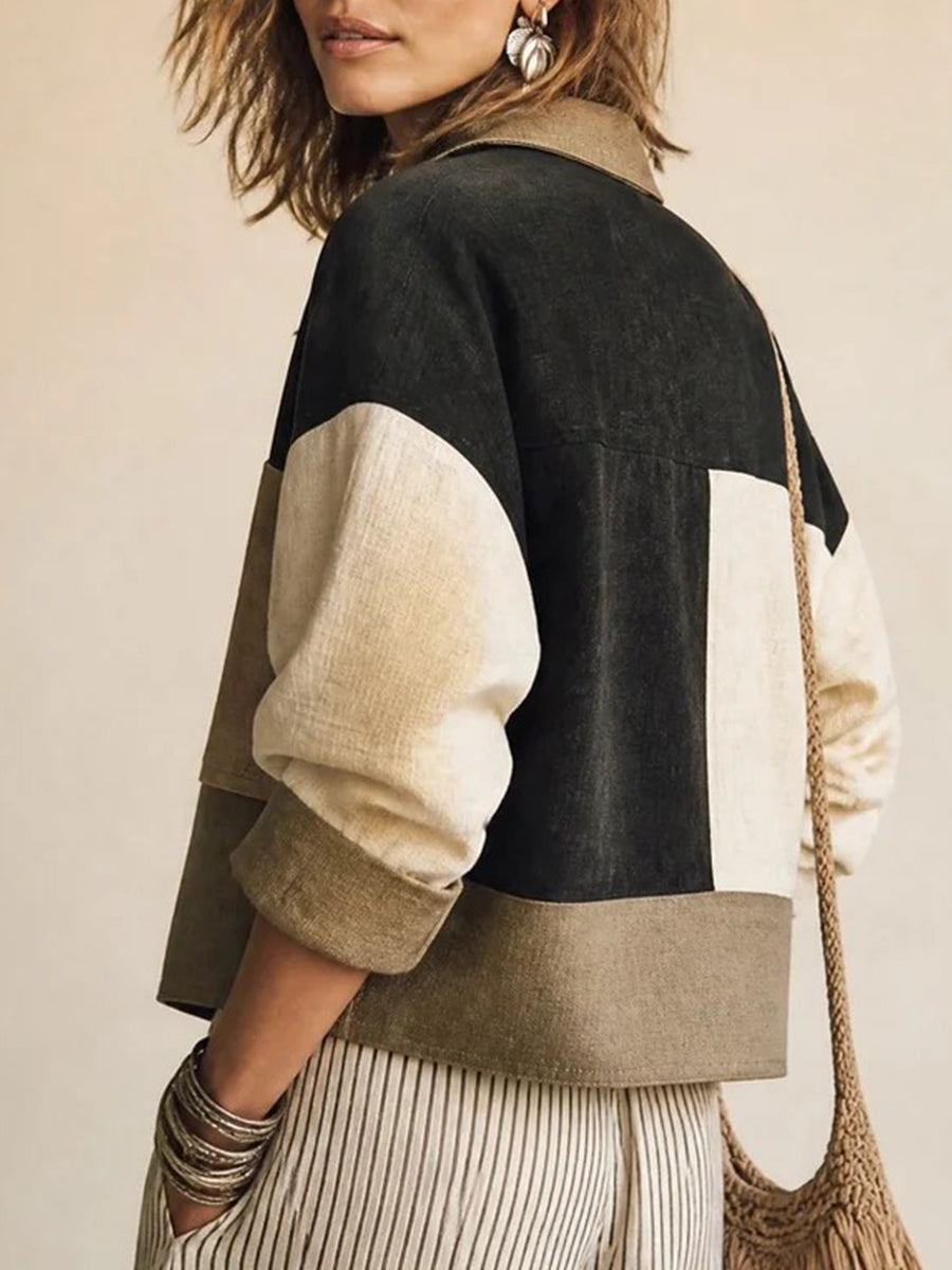 Chic Casual Color-block Cotton-linen Blend Cropped Jacket