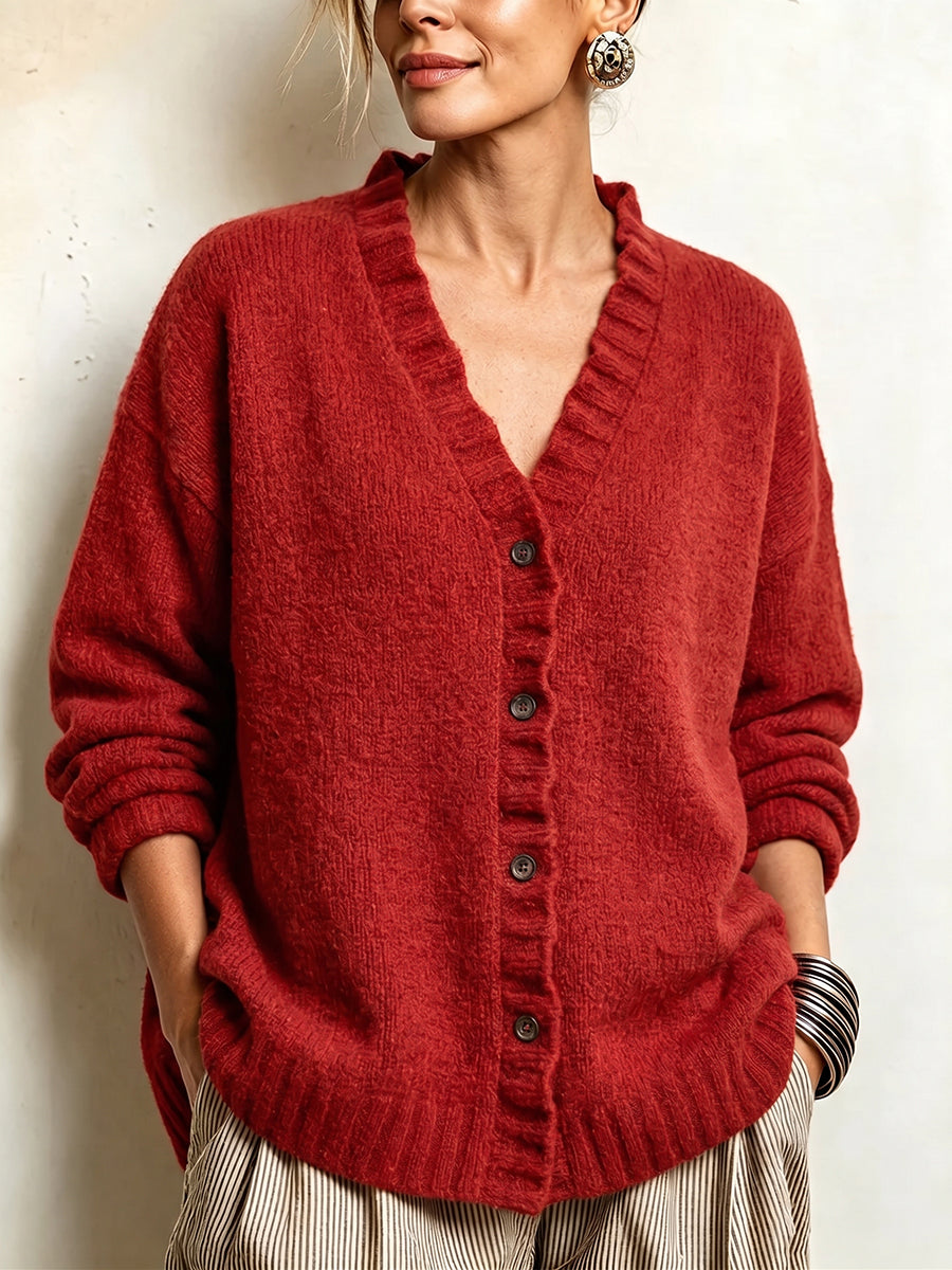 Cozy Textured Ruffled Button-Down Knit Cardigan