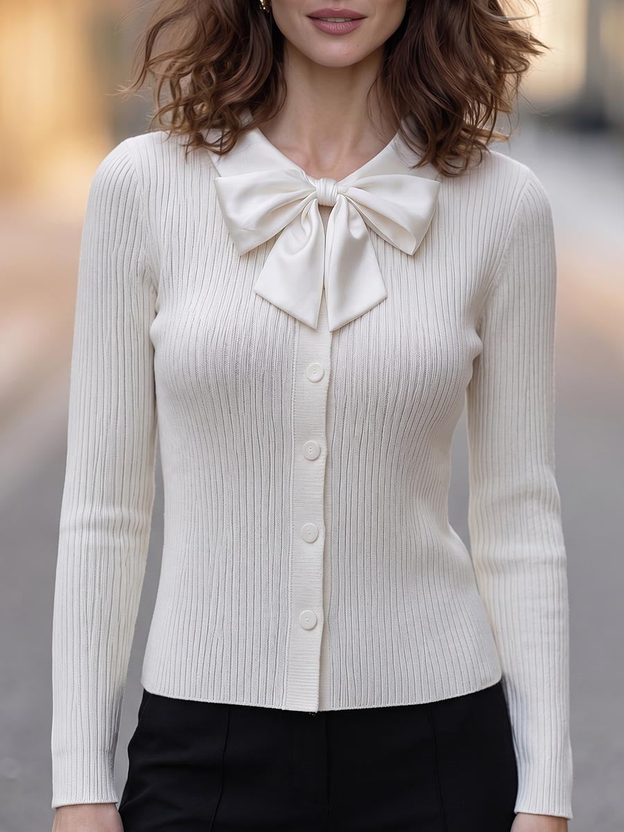 Women's Solid Color Round Neck Tie-Waist Long Sleeve Casual Loose Knit Cardigan Top