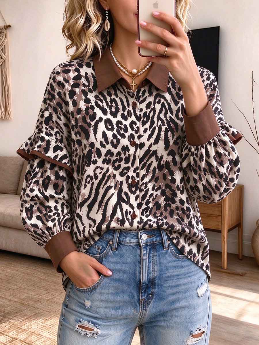 Women's Leopard Print Button-Down Blouse with Ruffle Sleeves