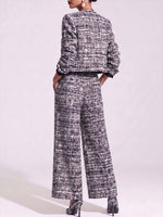 Women's Round Neck Long Sleeve Casual Loose Tweed Cardigan High Waist Wide Leg Pants Suit
