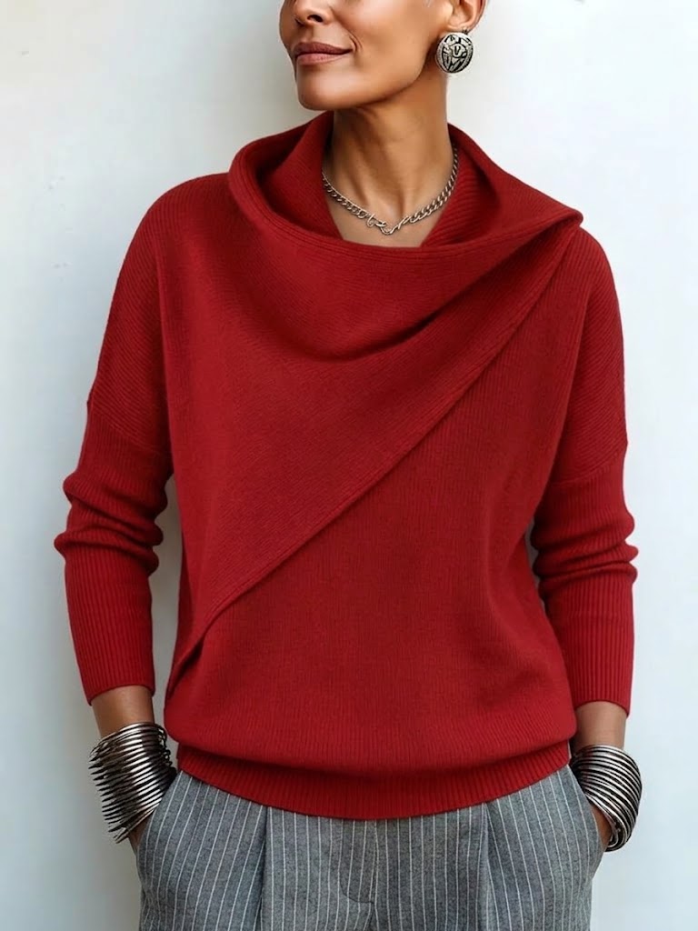 Wrap-style Slouchy-neck Drop-shoulder Long-sleeve Knit Pullover