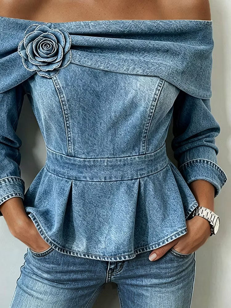 Vintage Rose Off-Shoulder Denim Peplum Top