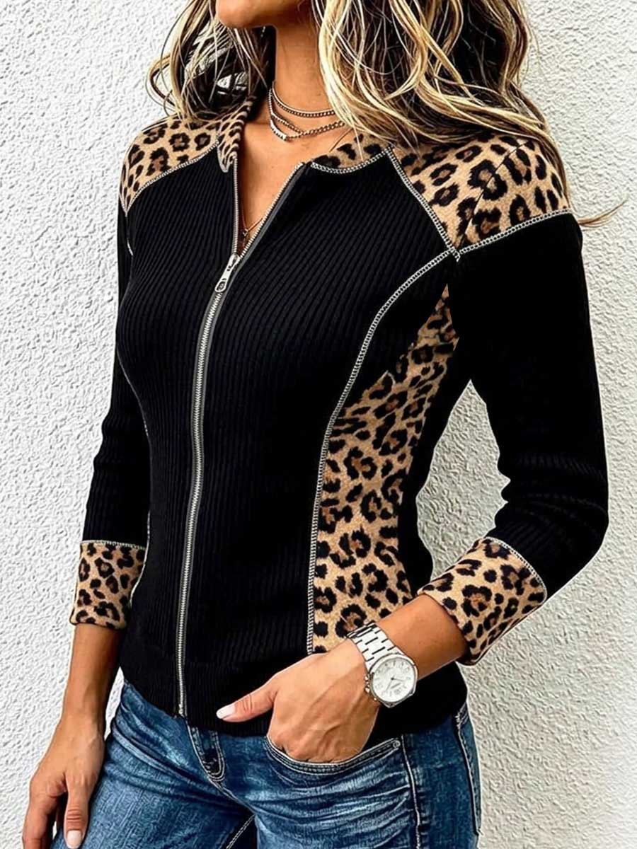 Women's Crew Neck Long-sleeve Loose-fit Knit Cardigan With Leopard Print Paneling