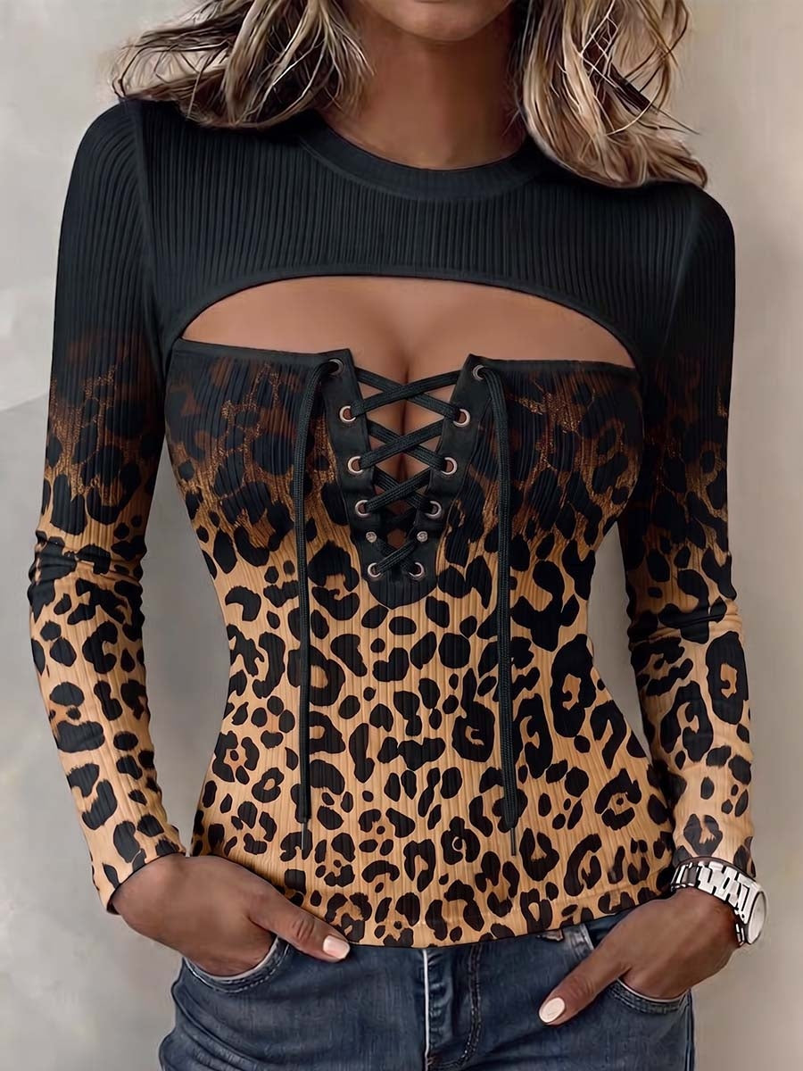 Women's Solid Color Crew Neck Long-sleeve Casual Knit Top With Wide Cut-outs And Lace-up Detail