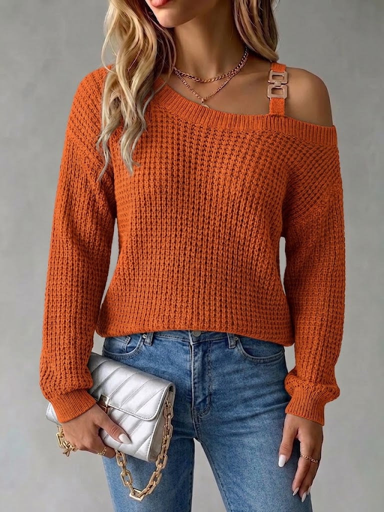 Casual Off-shoulder Pullover Sweater With Metal Buckle And Lantern Sleeves