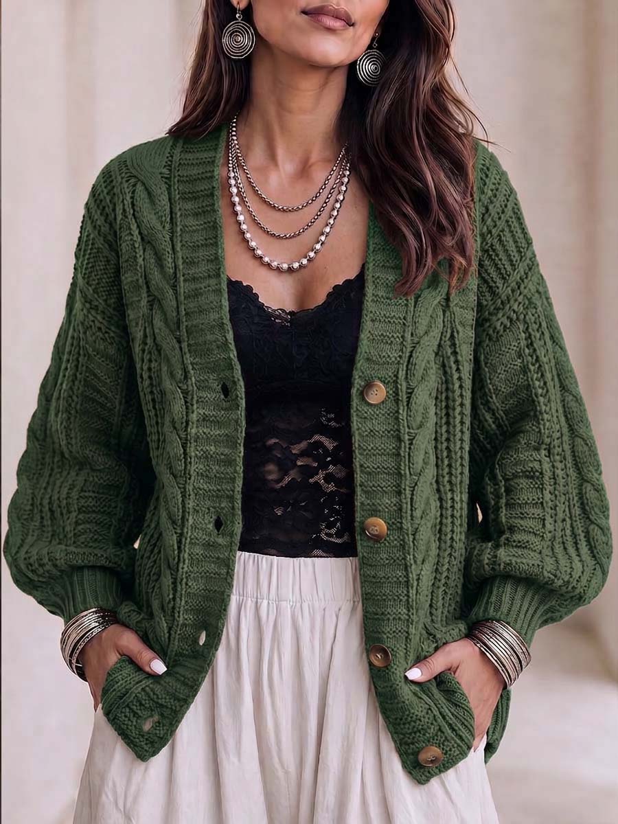 Women's Solid Color V-neck Long Sleeve Casual Loose Knit Cardigan