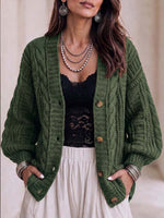 Women's Solid Color V-neck Long Sleeve Casual Loose Knit Cardigan