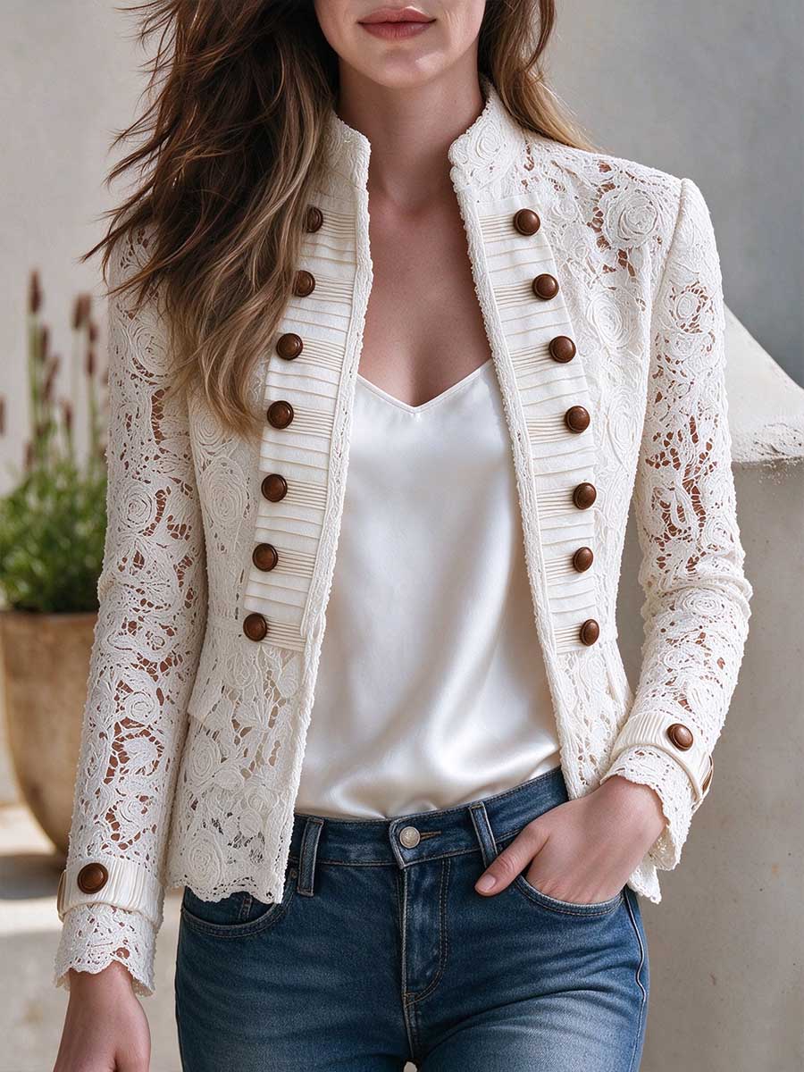 Women's Elegant White Lace Button-up Jacket