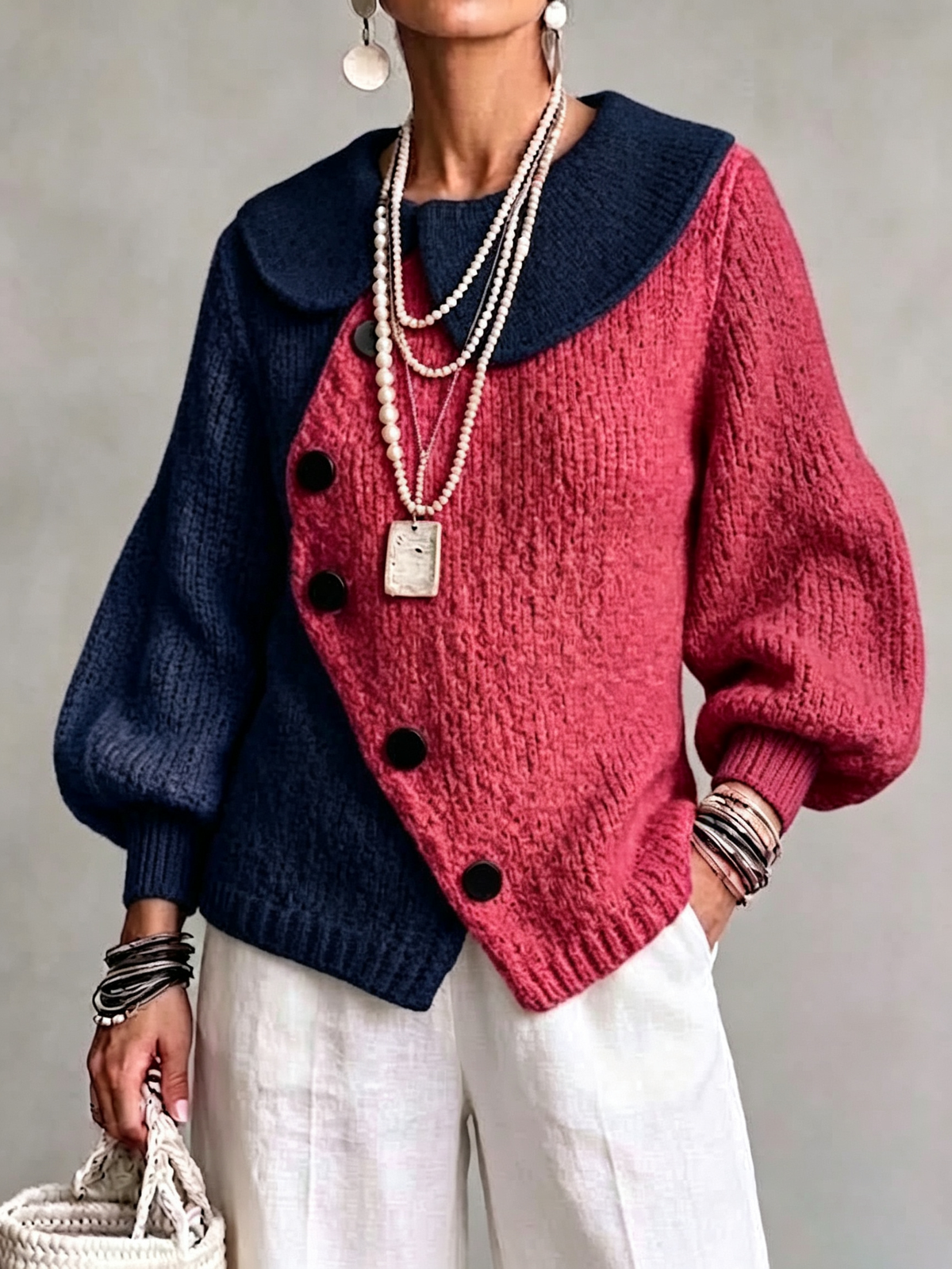 Color-block Oversized Lapel Knit Cardigan With An Asymmetric Buttoned Diagonal Placket And Lantern Sleeves