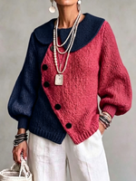 Color-block Oversized Lapel Knit Cardigan With An Asymmetric Buttoned Diagonal Placket And Lantern Sleeves