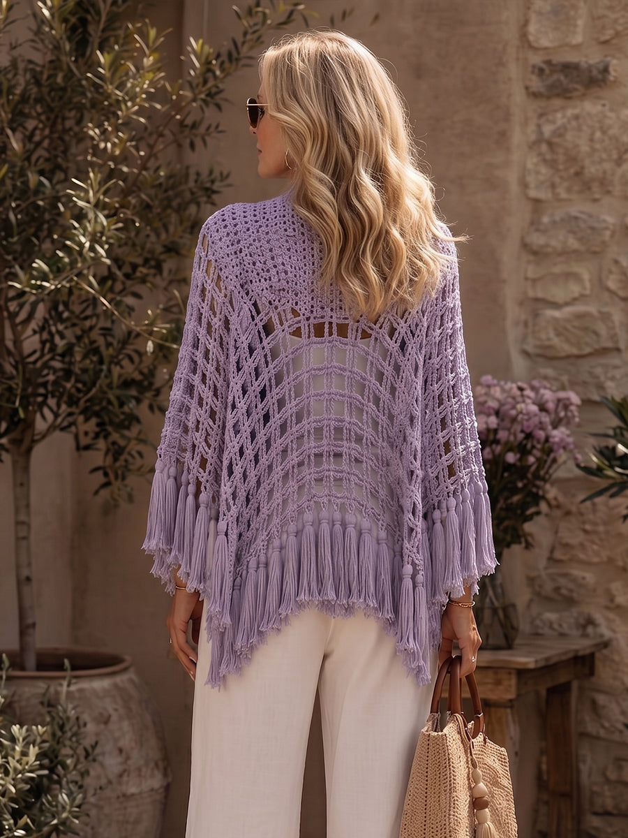 Chic Lavender Crocheted Fringe Open-Front Poncho