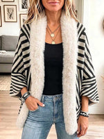 Women's Striped Printed Long-sleeved Casual Loose-fitting Fringed Mink Fur Patchwork Knit Cardigan