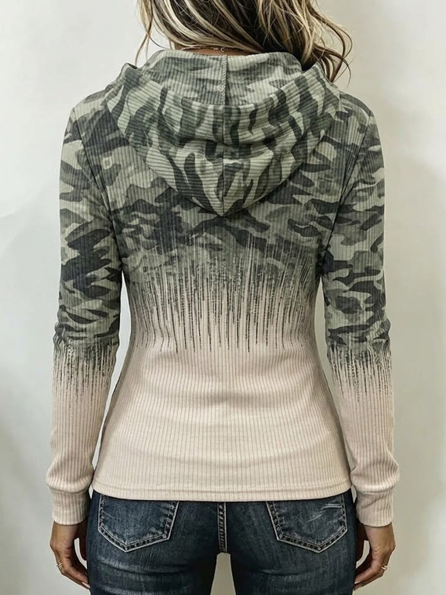 Stylish Camouflage Gradient Ribbed Hoodie