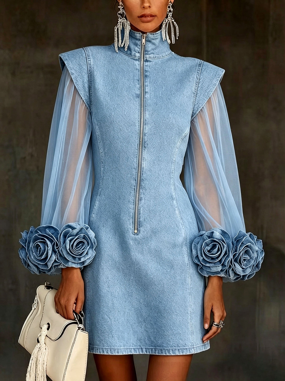 Romantic 3d Floral Denim Mesh Sleeve Zip-up Dress