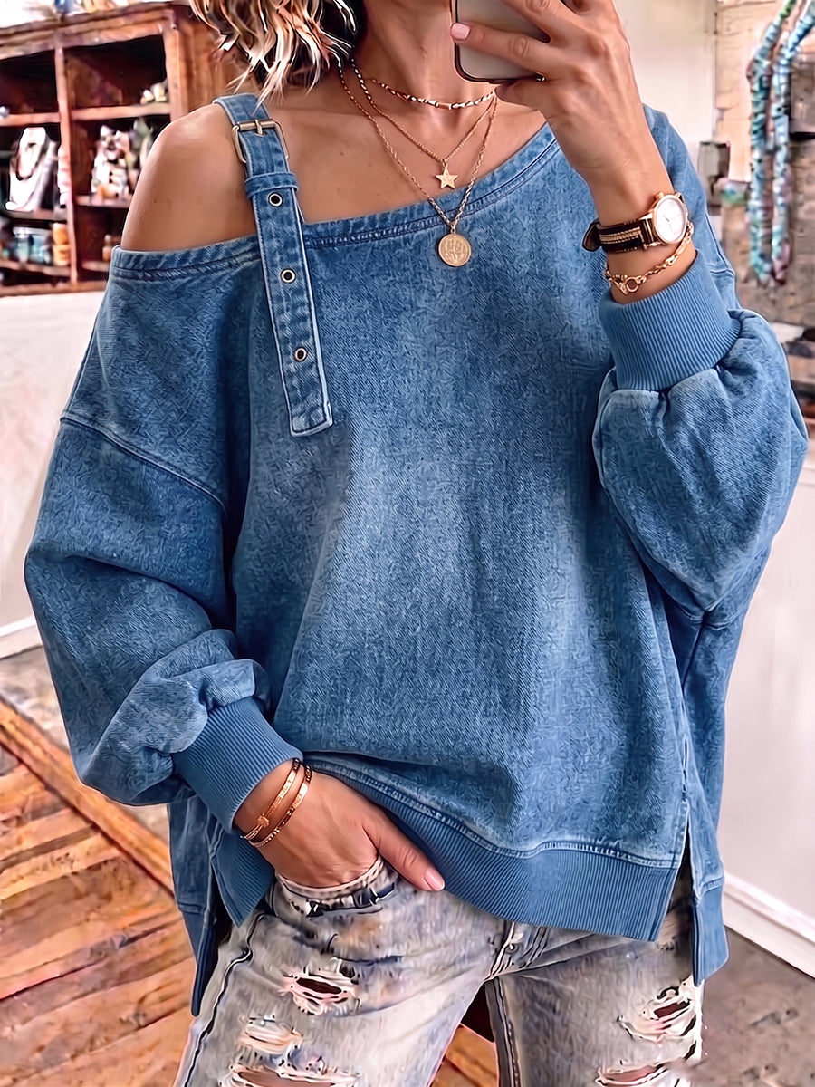 Edgysloping shoulders Denim-Wash Buckle Top