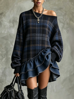 Chic Plaid Sweatshirt Denim Ruffle Hem Dress
