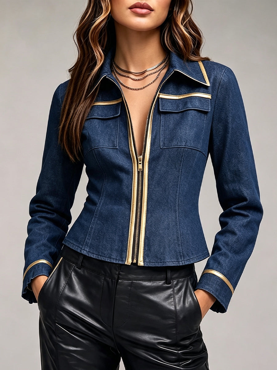 Stylish Casual Denim Zip-up Jacket With Gold Piping