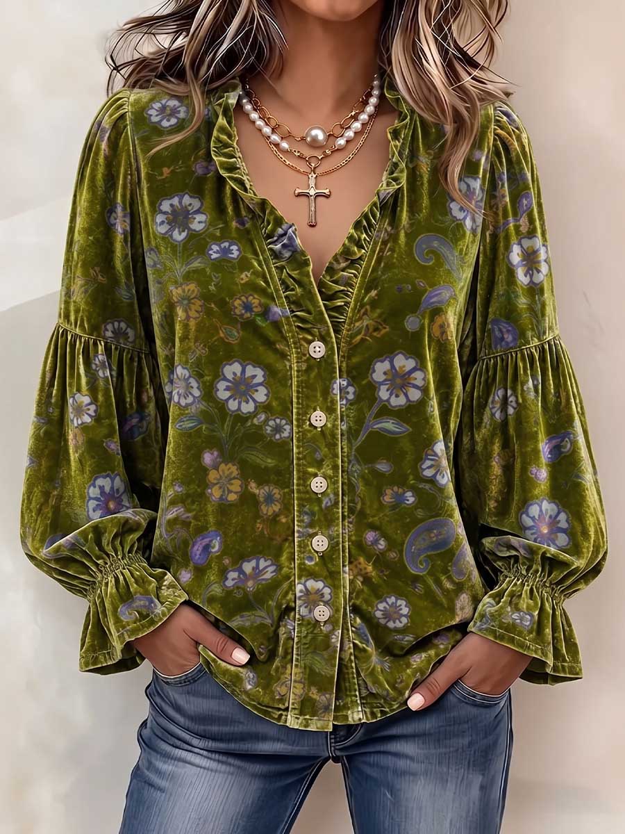 Women's V-neck Long-sleeve Casual Loose Vintage Floral Velvet Cardigan Top