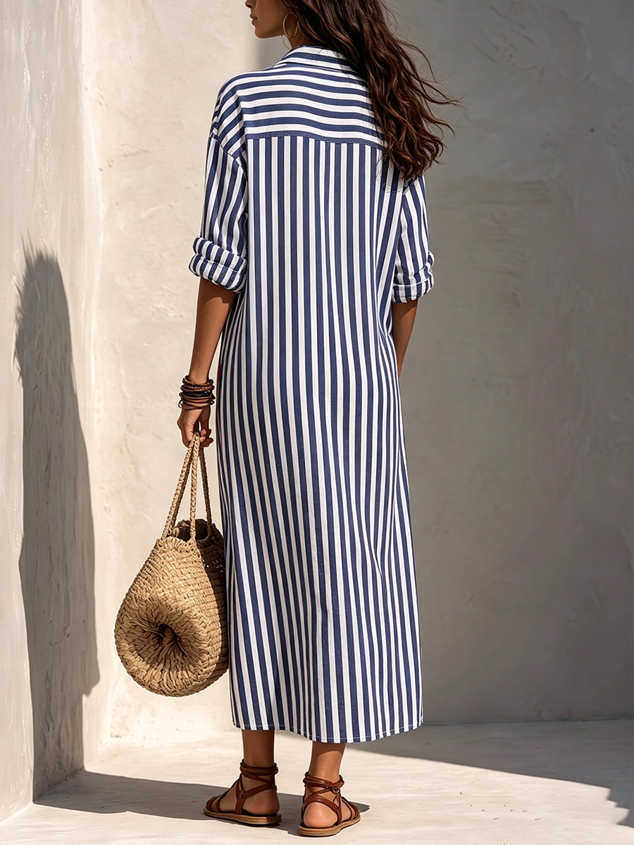Chic Striped Linen Maxi Shirt Dress With Contrast Pockets