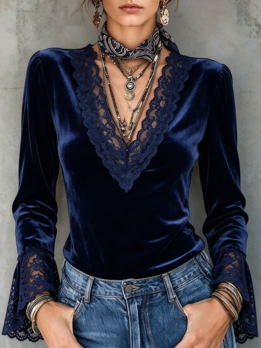 Elegant Lace Trim Velvet Flare Sleeve Top