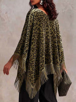 Women's Leopard Print V-neck Long-sleeve Loose-fit Batwing Velvet Top With Tassels