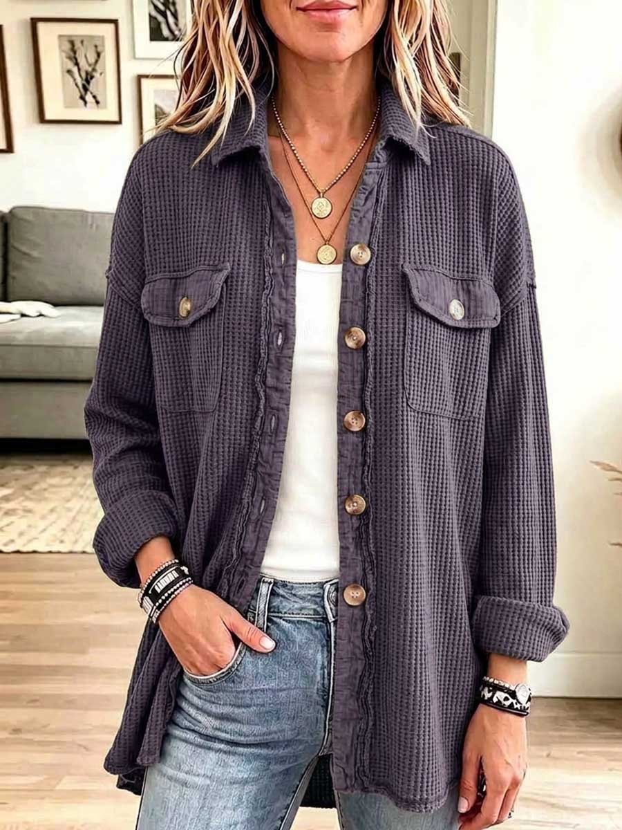 Women's Solid Color Collared Long-sleeved Casual Loose Waffle Shirt