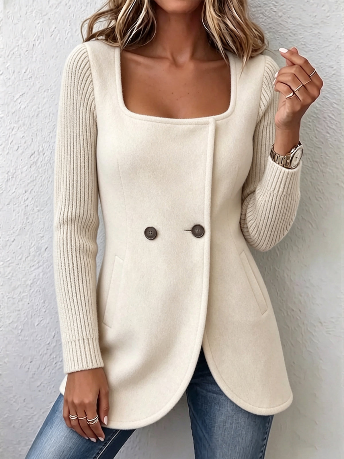 Cozy Double-breasted Square Neck Woolen Jacket