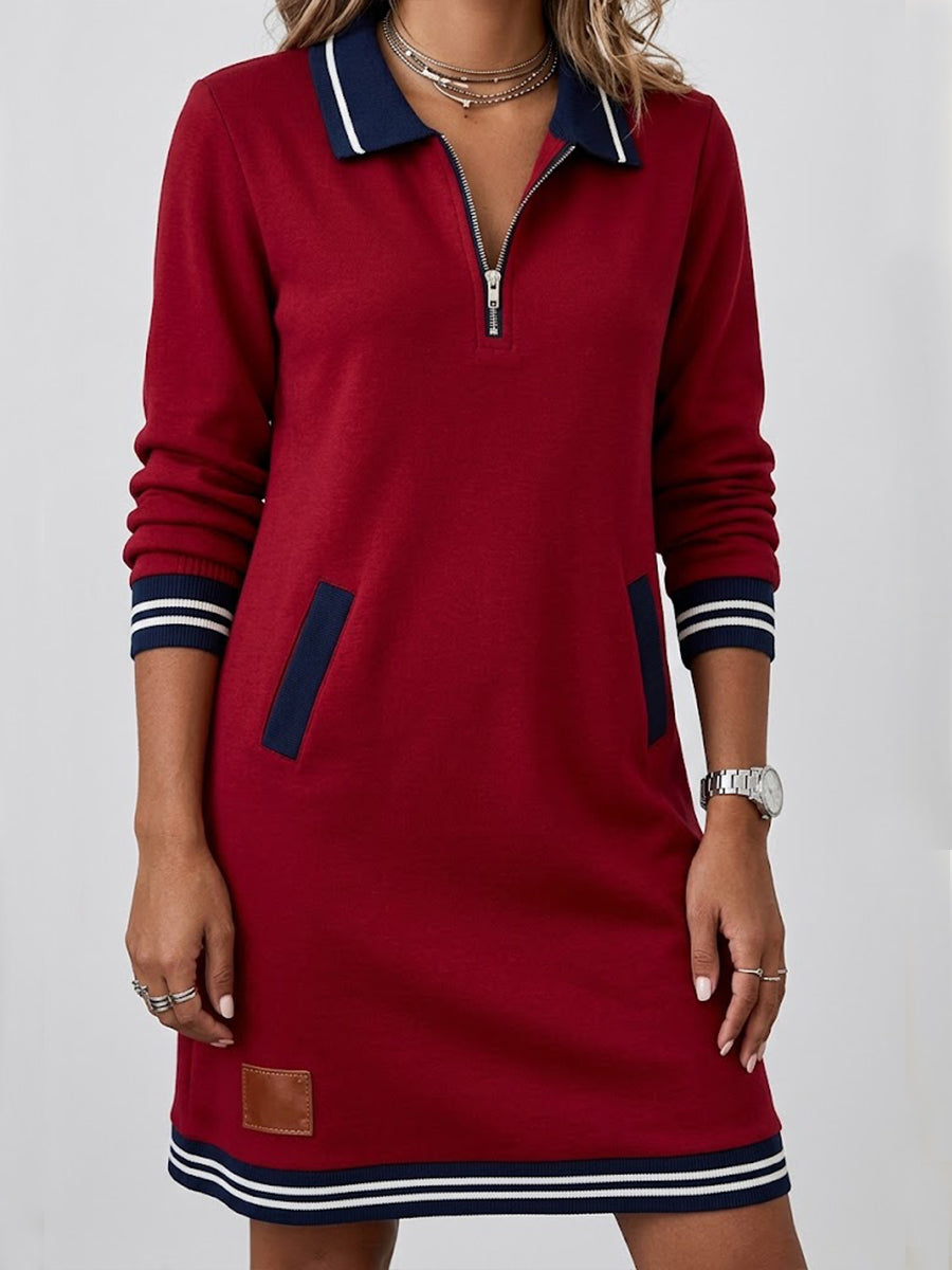 Casual Half-zip Color-block Collar Cotton Knit Mini Dress