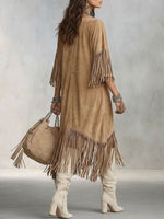Women's Solid Color Crew Neck 3/4 Sleeve Faux Suede Casual Loose Tassel Dress