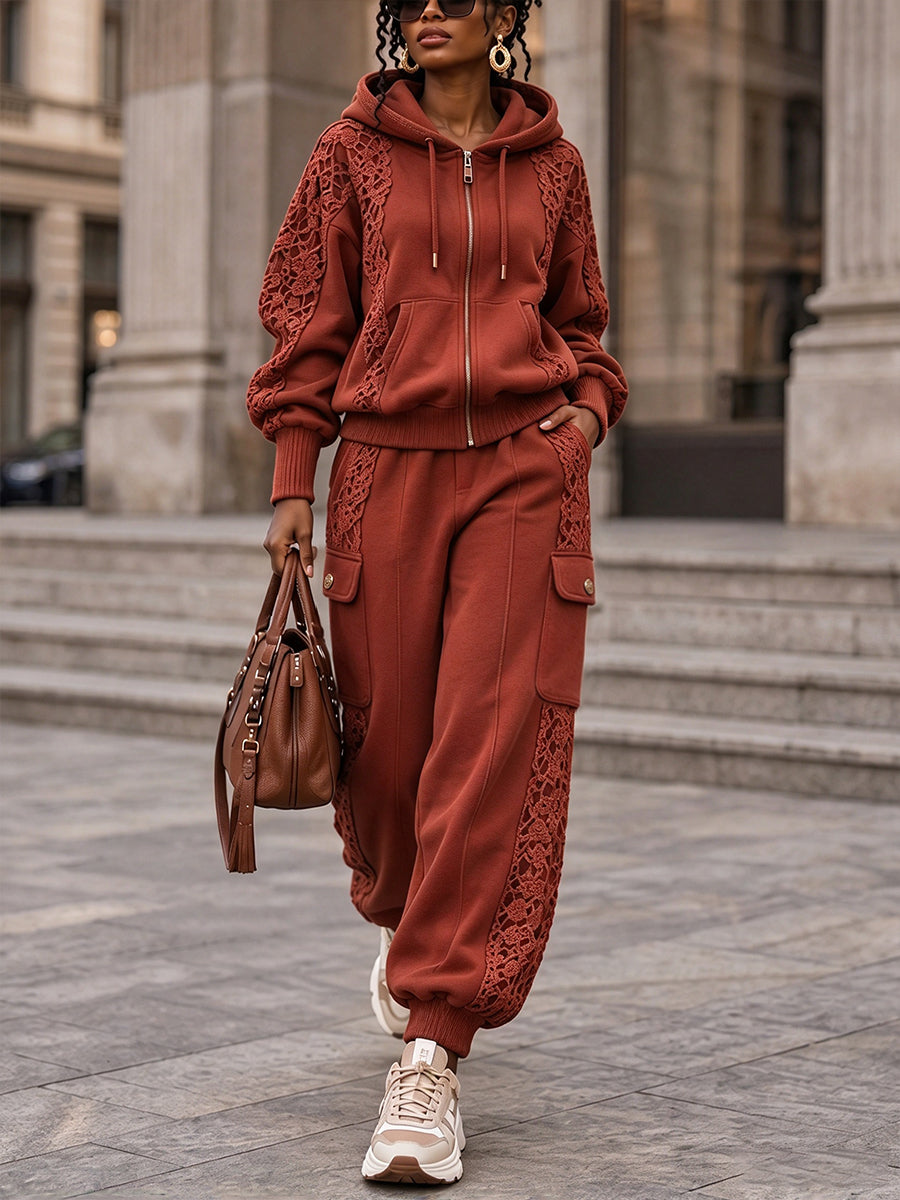 Casual Two-piece Set Featuring A Cotton Hooded Sweatshirt With Lace Detailing And Matching Pants