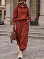 Casual Two-piece Set Featuring A Cotton Hooded Sweatshirt With Lace Detailing And Matching Pants
