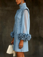 Romantic 3d Floral Denim Mesh Sleeve Zip-up Dress