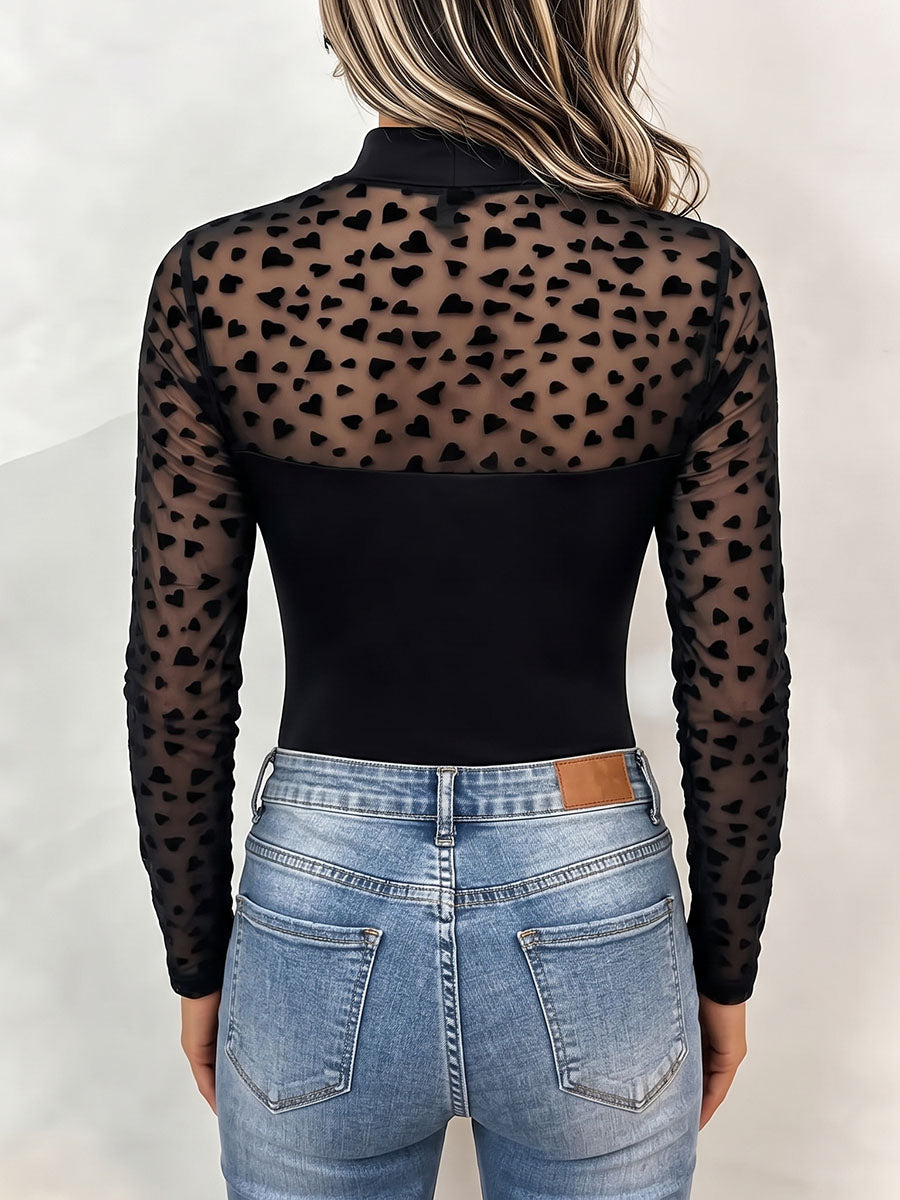 Elegant Sheer Heart-flocked Mesh Mock-neck Top
