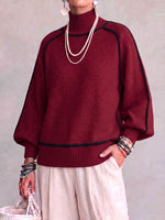 Women's High-neck Long-sleeved Casual Loose Color-blocked Pullover Knit Sweater